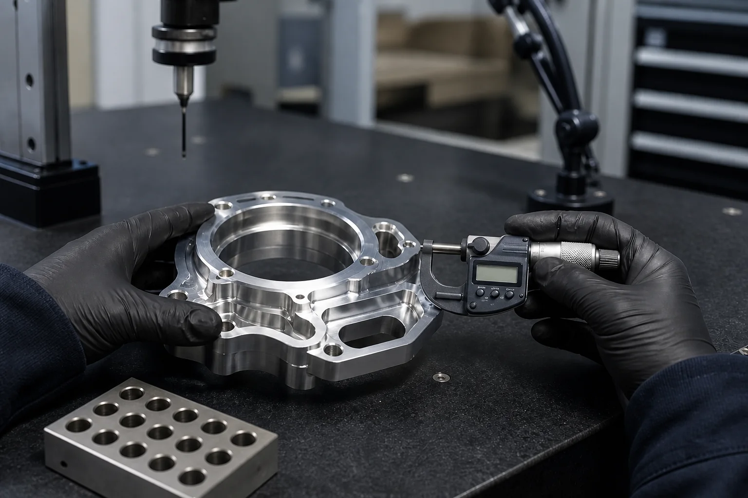 Hassas ölçüm cihazıyla kalite kontrolü yapılan CNC parçası